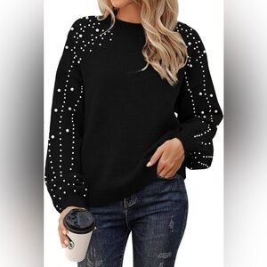 Crewneck  Knit Lantern Sleeve Oversized Pullover Sweater with Pearls